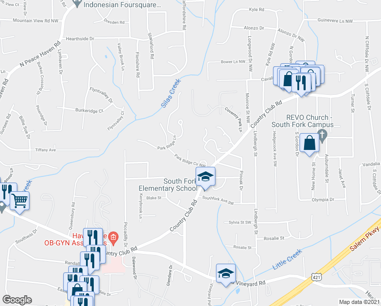 map of restaurants, bars, coffee shops, grocery stores, and more near 226 Ridge Forest Court in Winston-Salem