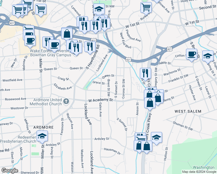map of restaurants, bars, coffee shops, grocery stores, and more near 442 Brent Street Southwest in Winston-Salem