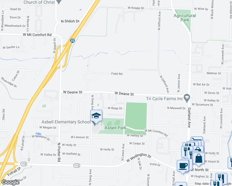 map of restaurants, bars, coffee shops, grocery stores, and more near 1827 West Deane Street in Fayetteville