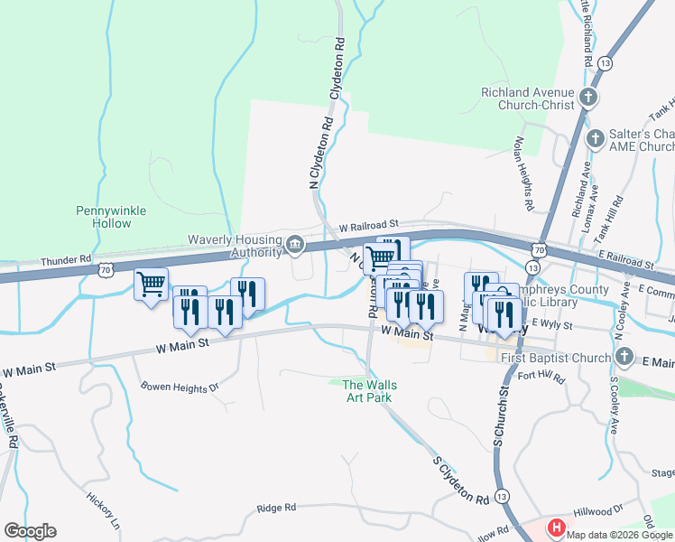 map of restaurants, bars, coffee shops, grocery stores, and more near 202 North Clydeton Road in Waverly