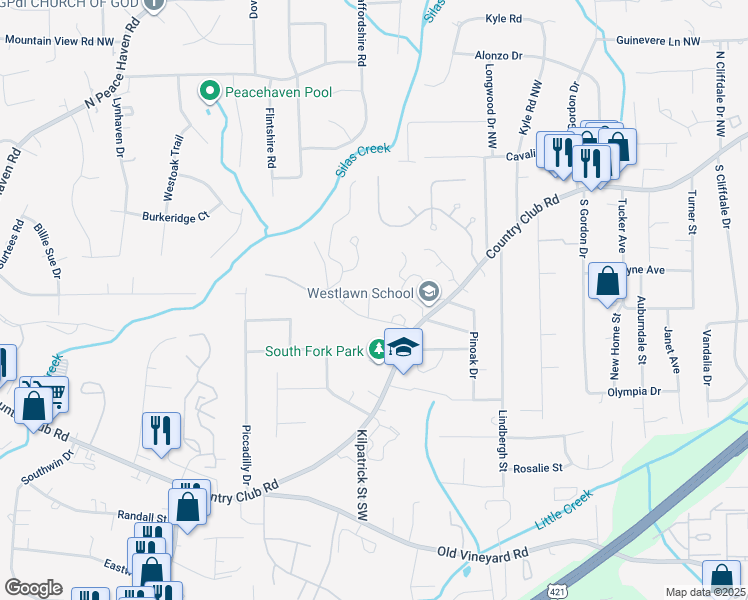 map of restaurants, bars, coffee shops, grocery stores, and more near 226 Ridge Forest Court in Winston-Salem