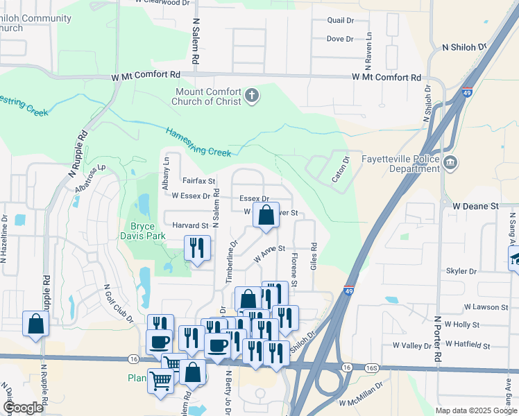 map of restaurants, bars, coffee shops, grocery stores, and more near 3152 West Wildflower Street in Fayetteville