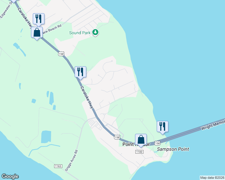 map of restaurants, bars, coffee shops, grocery stores, and more near Noahs Ln in Currituck