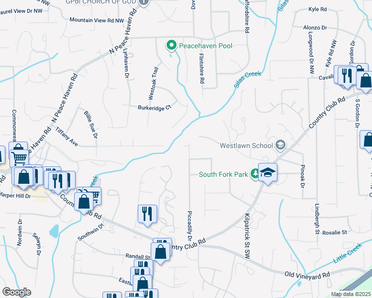map of restaurants, bars, coffee shops, grocery stores, and more near 346 Piccadilly Drive in Winston-Salem