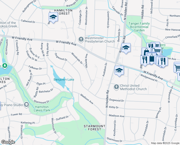 map of restaurants, bars, coffee shops, grocery stores, and more near 507 Hillwood Court in Greensboro
