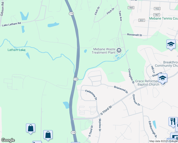 map of restaurants, bars, coffee shops, grocery stores, and more near 334 Huckleberry Loop in Mebane