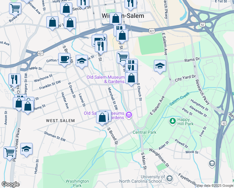 map of restaurants, bars, coffee shops, grocery stores, and more near 703 South Marshall Street in Winston-Salem
