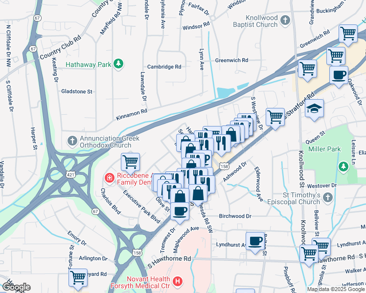 map of restaurants, bars, coffee shops, grocery stores, and more near 303 Mill Street in Winston-Salem