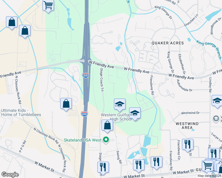 map of restaurants, bars, coffee shops, grocery stores, and more near 503 Greentree Drive in Greensboro