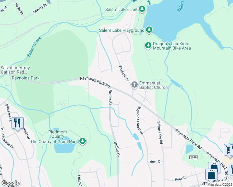 map of restaurants, bars, coffee shops, grocery stores, and more near 2710 Reynolds Park Road in Winston-Salem