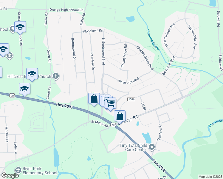 map of restaurants, bars, coffee shops, grocery stores, and more near 412 Bartlett Circle in Hillsborough