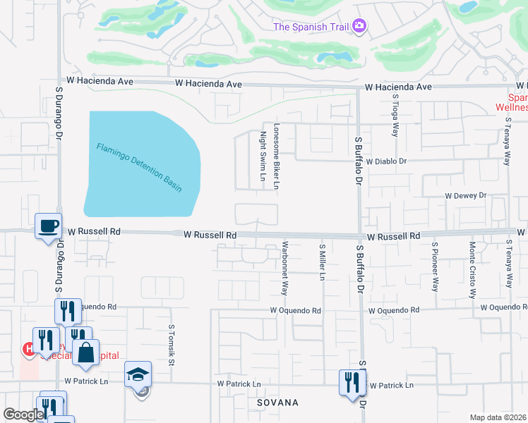 map of restaurants, bars, coffee shops, grocery stores, and more near 8070 West Russell Road in Las Vegas