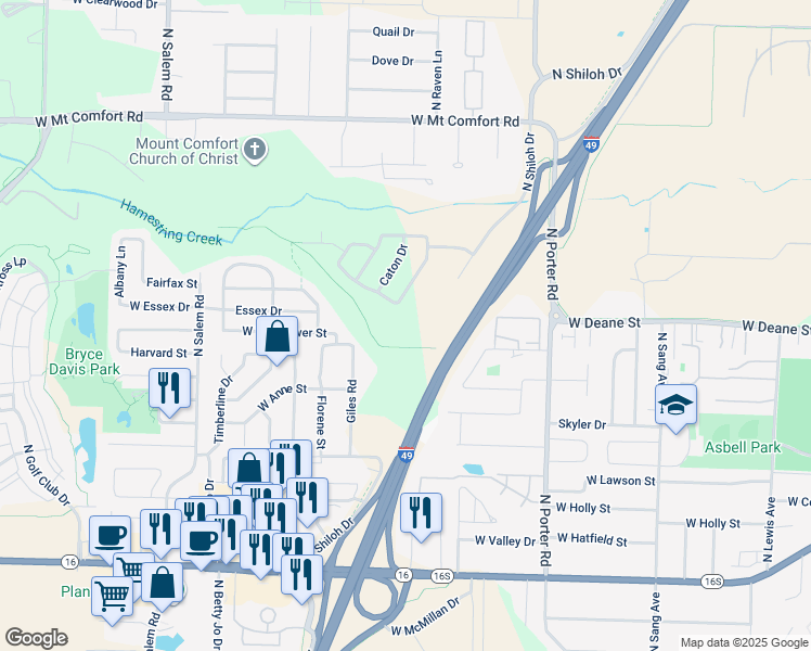 map of restaurants, bars, coffee shops, grocery stores, and more near 1751 North Shiloh Drive in Fayetteville