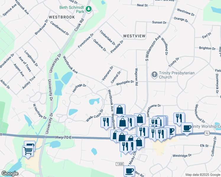 map of restaurants, bars, coffee shops, grocery stores, and more near 1061-1635 Wycliff Court in Burlington