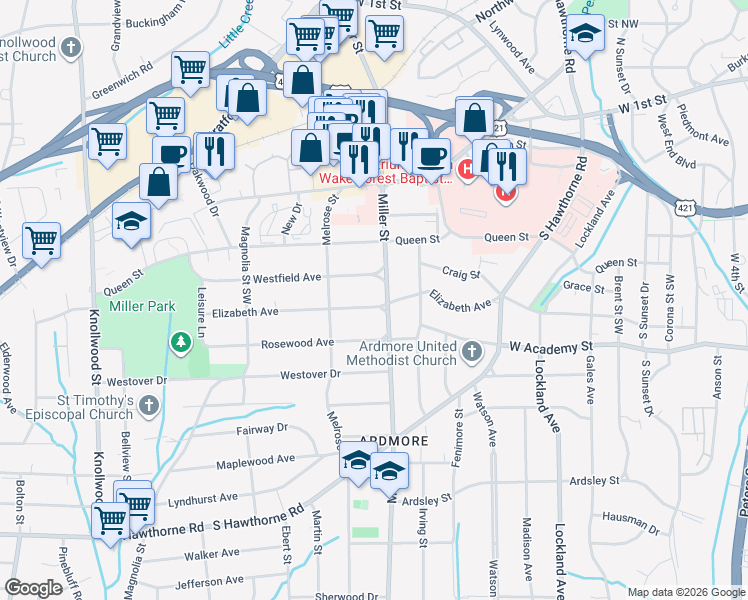 map of restaurants, bars, coffee shops, grocery stores, and more near 2200 Elizabeth Avenue in Winston-Salem