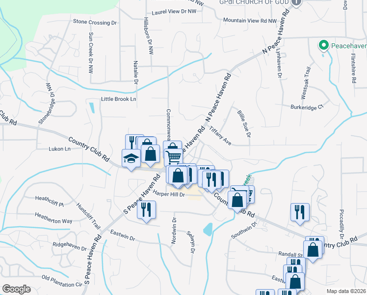 map of restaurants, bars, coffee shops, grocery stores, and more near 100 South Peace Haven Road in Winston-Salem