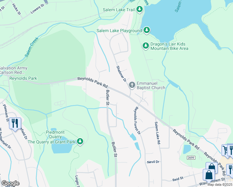 map of restaurants, bars, coffee shops, grocery stores, and more near 2712 Reynolds Park Road in Winston-Salem