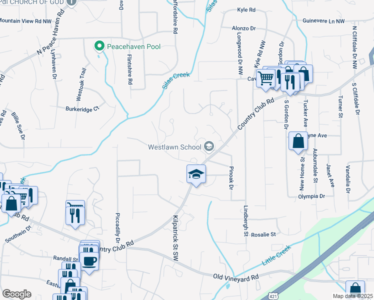 map of restaurants, bars, coffee shops, grocery stores, and more near 157 Forest View Drive in Winston-Salem