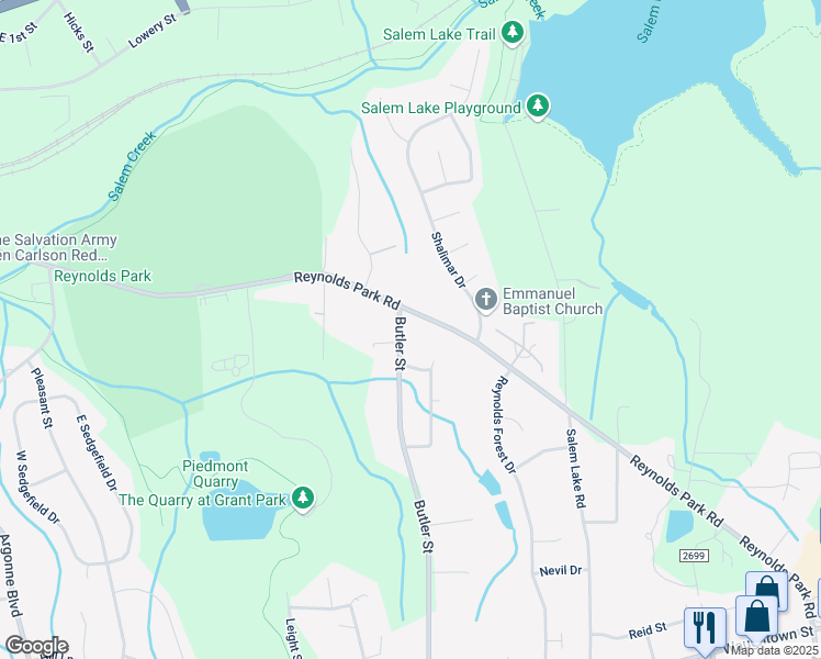 map of restaurants, bars, coffee shops, grocery stores, and more near 1115 Butler Street in Winston-Salem