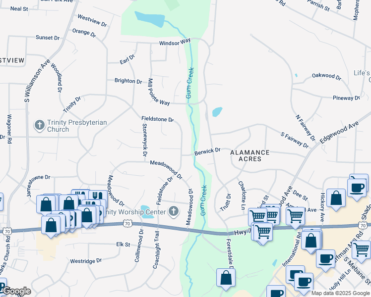 map of restaurants, bars, coffee shops, grocery stores, and more near 407 Fieldstone Drive in Burlington