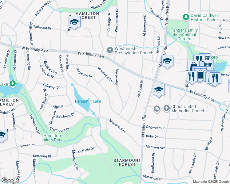 map of restaurants, bars, coffee shops, grocery stores, and more near 517 Woodvale Drive in Greensboro