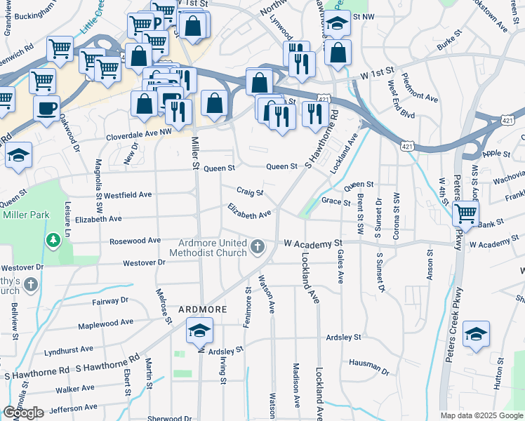 map of restaurants, bars, coffee shops, grocery stores, and more near 2015 Elizabeth Avenue in Winston-Salem