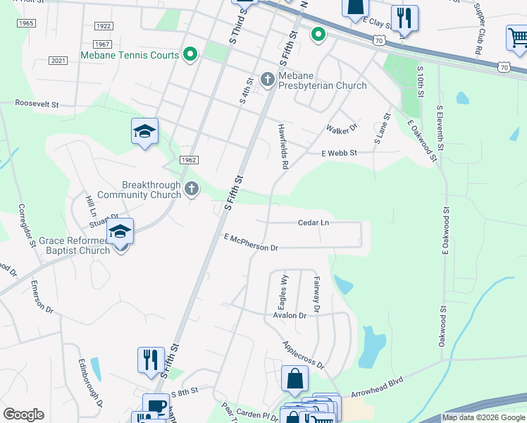 map of restaurants, bars, coffee shops, grocery stores, and more near 101 Heritage Drive in Mebane