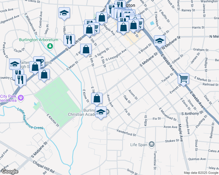 map of restaurants, bars, coffee shops, grocery stores, and more near 717 South Mebane Street in Burlington