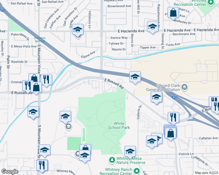 map of restaurants, bars, coffee shops, grocery stores, and more near 5035 East Russell Road in Las Vegas
