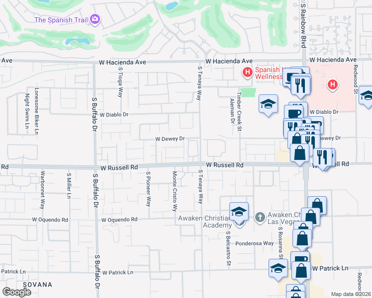 map of restaurants, bars, coffee shops, grocery stores, and more near 7316 West Russell Road in Las Vegas