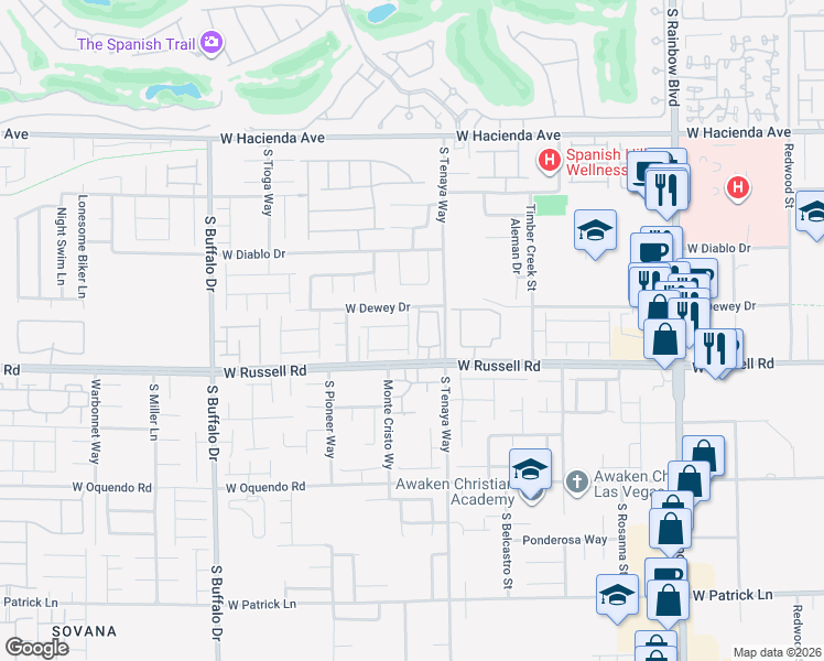 map of restaurants, bars, coffee shops, grocery stores, and more near 7316 West Russell Road in Las Vegas