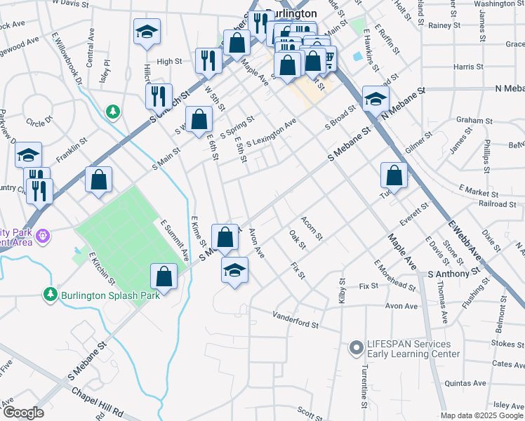 map of restaurants, bars, coffee shops, grocery stores, and more near 708 Clay Court in Burlington