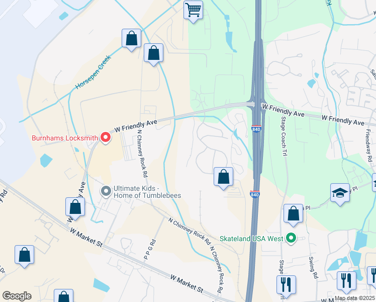 map of restaurants, bars, coffee shops, grocery stores, and more near 7147 West Friendly Avenue in Greensboro