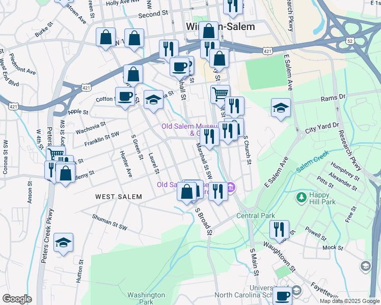 map of restaurants, bars, coffee shops, grocery stores, and more near 631 South Poplar Street in Winston-Salem