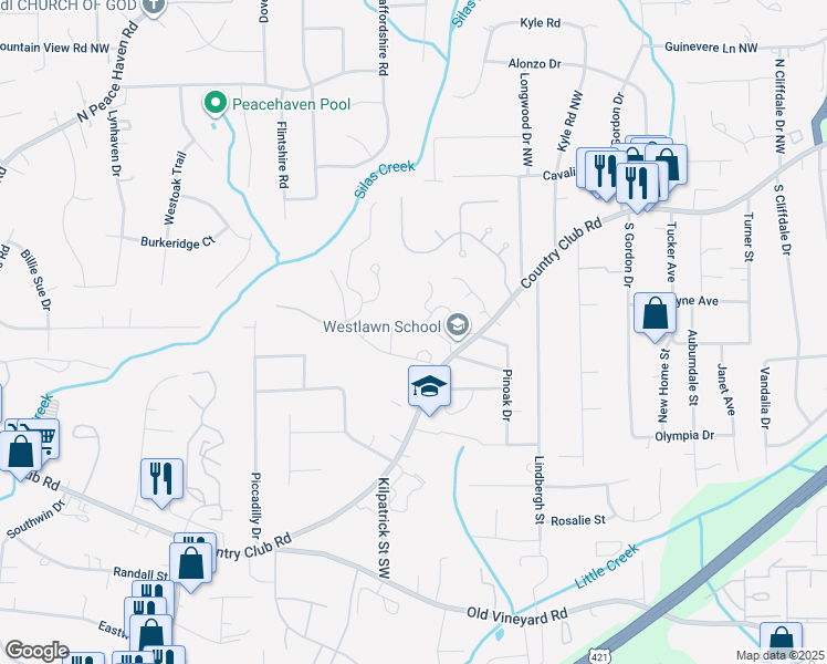 map of restaurants, bars, coffee shops, grocery stores, and more near 206 Ridge Forest Court in Winston-Salem