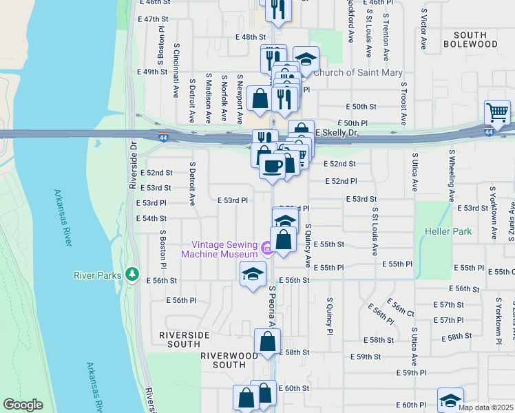 map of restaurants, bars, coffee shops, grocery stores, and more near 5320 South Peoria Avenue in Tulsa