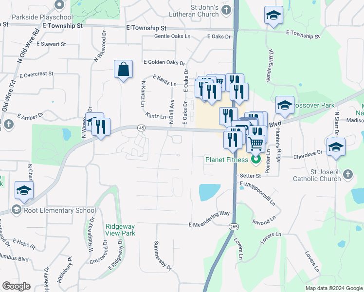 map of restaurants, bars, coffee shops, grocery stores, and more near 2435 East Saint James Place in Fayetteville