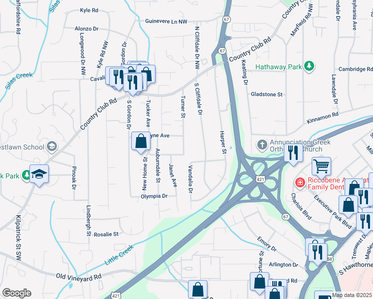 map of restaurants, bars, coffee shops, grocery stores, and more near 215 Turner Street in Winston-Salem