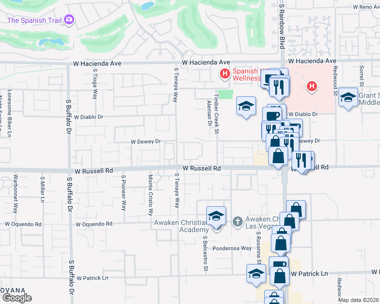 map of restaurants, bars, coffee shops, grocery stores, and more near 7340 West Russell Road in Las Vegas