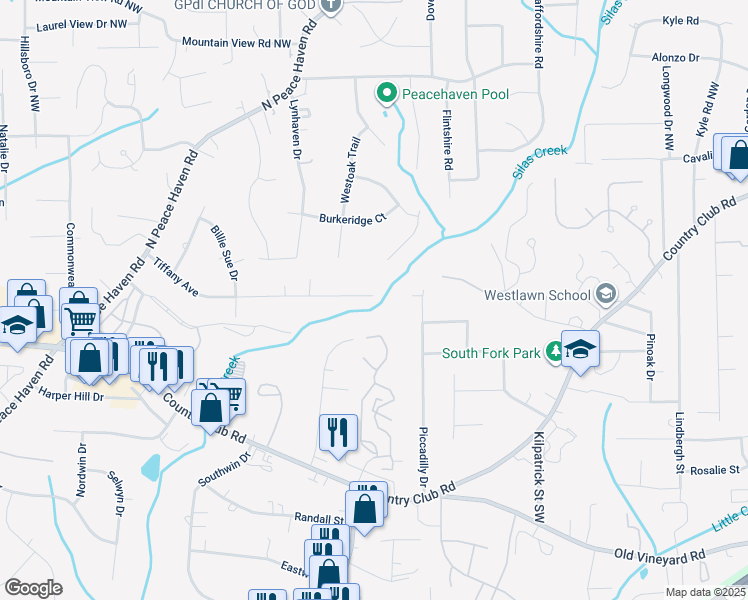 map of restaurants, bars, coffee shops, grocery stores, and more near 4806 Tiffany Avenue in Winston-Salem