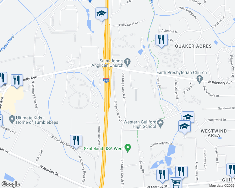 map of restaurants, bars, coffee shops, grocery stores, and more near 508 Stage Coach Court in Greensboro