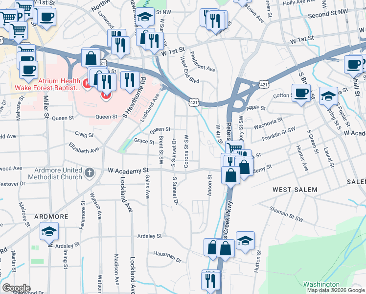 map of restaurants, bars, coffee shops, grocery stores, and more near 454 Corona Street in Winston-Salem
