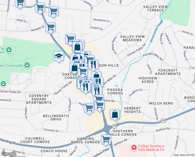 map of restaurants, bars, coffee shops, grocery stores, and more near 3920 Tennessee 11 in Nashville