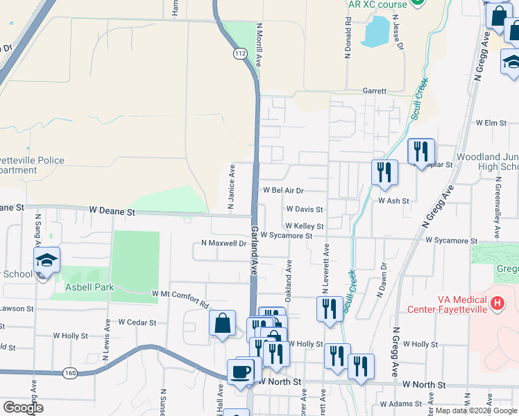 map of restaurants, bars, coffee shops, grocery stores, and more near 1731 North Noelle Avenue in Fayetteville