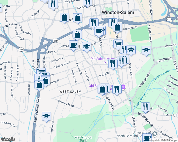 map of restaurants, bars, coffee shops, grocery stores, and more near 632 Mulberry Street Southwest in Winston-Salem