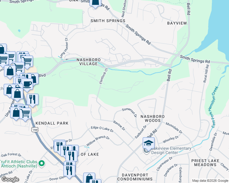 map of restaurants, bars, coffee shops, grocery stores, and more near 684 Flintlock Court in Nashville
