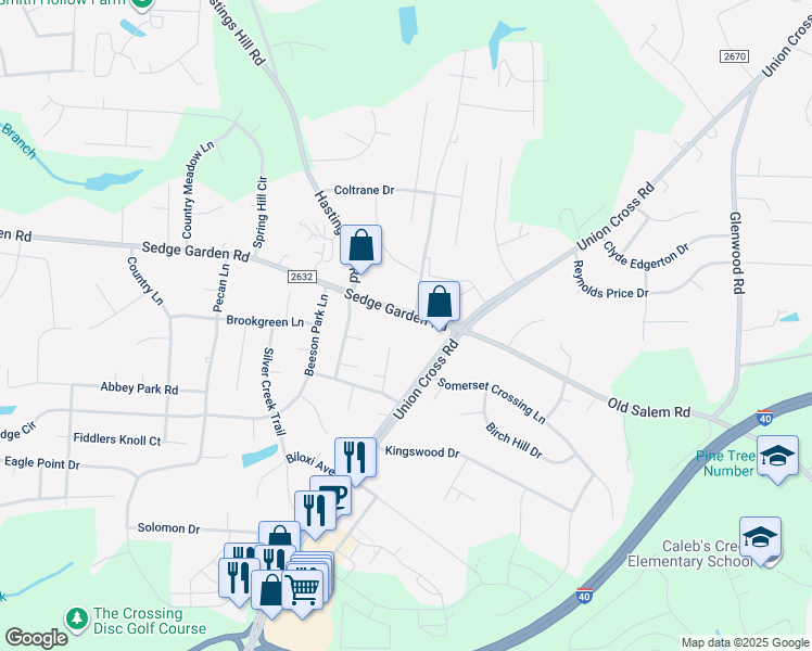 map of restaurants, bars, coffee shops, grocery stores, and more near 1401 Lambs Lane in Kernersville