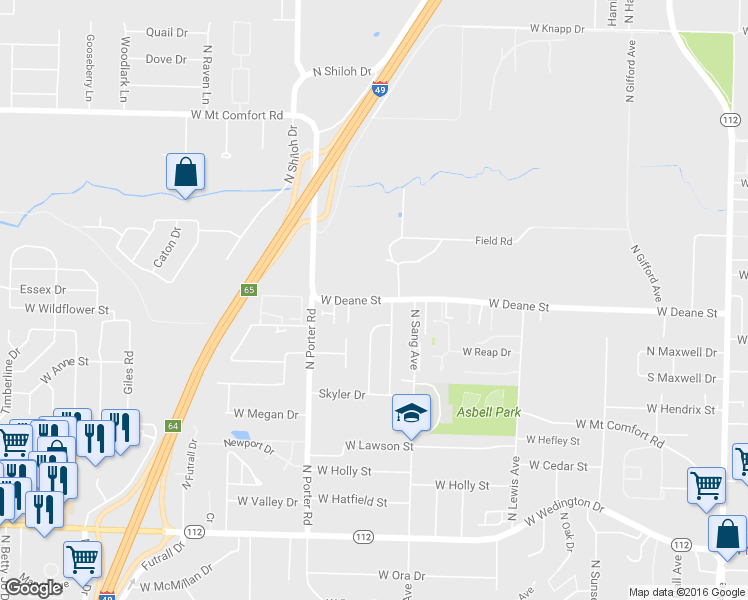 map of restaurants, bars, coffee shops, grocery stores, and more near 2227 West Deane Street in Fayetteville