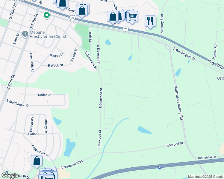 map of restaurants, bars, coffee shops, grocery stores, and more near Enterprise Lane in Mebane
