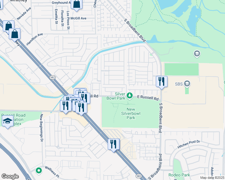 map of restaurants, bars, coffee shops, grocery stores, and more near 6650 East Russell Road in Las Vegas